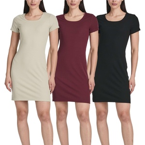 3 Pack Women’s Ribbed Tshirt Mini Dresses Scoop Neck Short Sleeve Bodycon(Solid Black  Solid Burgundy  Solid Desert Sage)