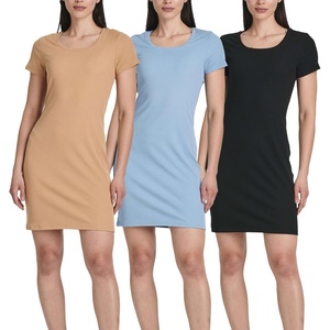 3 Pack Women’s Ribbed Tshirt Mini Dresses Scoop Neck Short Sleeve Bodycon(Solid Black  Solid Iced Coffee  Solid Lichen Blue)