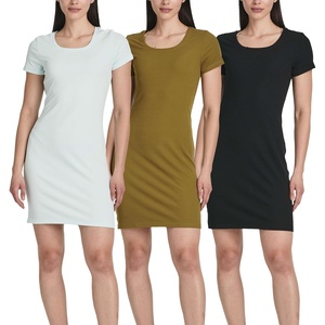 3 Pack Women’s Ribbed Tshirt Mini Dresses Scoop Neck Short Sleeve Bodycon(Solid Black  Solid Martini Olive  Solid Blue Glow)